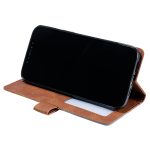 Smartphone in a brown leather standing case, screen facing outward.