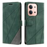 Green geometric leather wallet case for iPhone, with card slot and magnetic closure, shown from front and back.