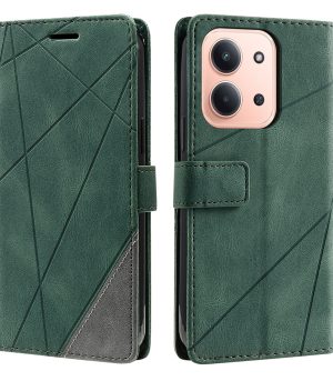 Green geometric leather wallet case for iPhone, with card slot and magnetic closure, shown from front and back.