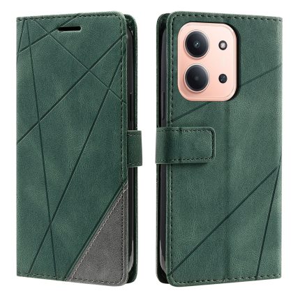 Green geometric leather wallet case for iPhone, with card slot and magnetic closure, shown from front and back.