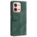 Green leather wallet-style phone case with a strap, showing a rose gold iPhone camera cutout on the back