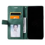Green leather wallet phone case opened, showing card slots, an ID photo window, cash, and a smartphone