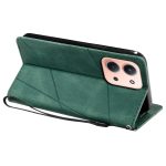 Green folio-style phone case folded into a stand, exposing a pink iPhone with dual cameras.