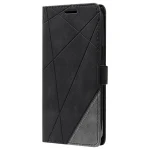 Black leather wallet-style phone case with geometric diagonal stitching and a magnetic strap on the side revealing the phone edge.