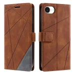 Brown geometric-patterned leather phone case with magnetic strap, shown from front and back.