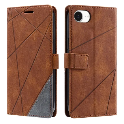 Brown geometric-patterned leather phone case with magnetic strap, shown from front and back.