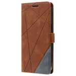 Brown leather phone case with geometric stitch lines and a gray corner accent on the lower right side.