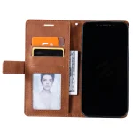 Brown leather wallet-style phone case open, showing card slots, an ID photo window, cash, and a smartphone on the right.