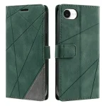 Green leather-like phone case with geometric stitched pattern, shown both closed and open, for a smartphone (wallet-style with cover