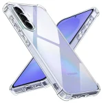 Clear protective case on a Samsung Galaxy with a triple-camera module, shown from multiple angles to highlight protection and buttons.