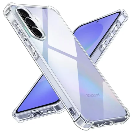 Clear protective case on a Samsung Galaxy with a triple-camera module, shown from multiple angles to highlight protection and buttons.