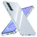 Clear transparent protective case on a Samsung Galaxy phone, highlighting reinforced corners and triple-camera module