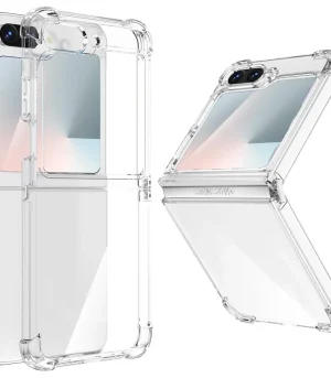 Clear protective phone case for iPhone with reinforced corners and a built-in kickstand (stand shown extended).