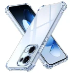 Clear protective phone case shown around a blue iPhone, arranged in an X shape to highlight the case design and coverage around the device.