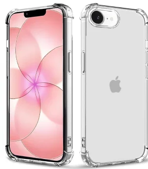 Clear protective bumper case on a smartphone, shown from front and back with a transparent design.