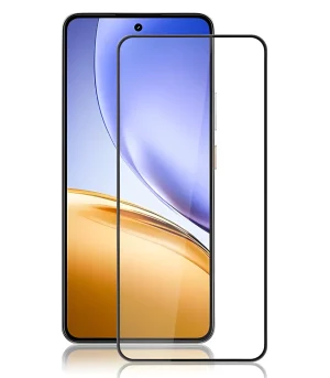 Smartphone with a clear edge-to-edge display and a separate screen protector frame laid over the screen, illustrating protection for the device.