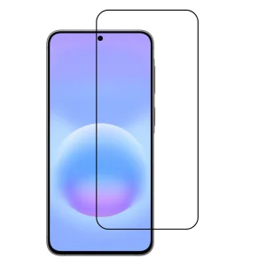 Phone screen with a protective screen protector aligned over the display, showing the cutout for the front camera at the top center.