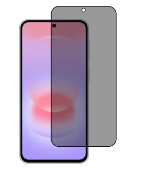 Illustration of a smartphone with a curved display and a transparent screen protector aligned over it, including a cutout for the front camera.
