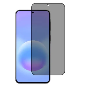 Front view of a smartphone with a clear, curved-edge screen protector aligned over the display, showing a cutout for the front camera.