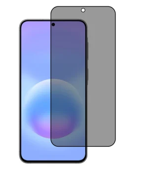 Front view of a smartphone with a clear, curved-edge screen protector aligned over the display, showing a cutout for the front camera.