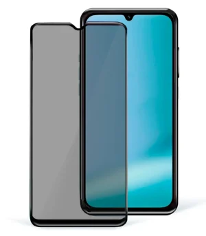 Two modern smartphones side by side: the front phone shows a blue gradient display with a notch, while the back phone has a protective screen cover partly applied.
