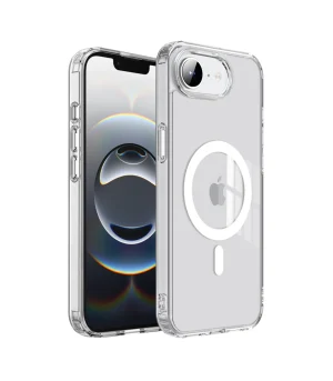Clear iPhone case with a circular MagSafe ring on the back, showing a transparent bumper design