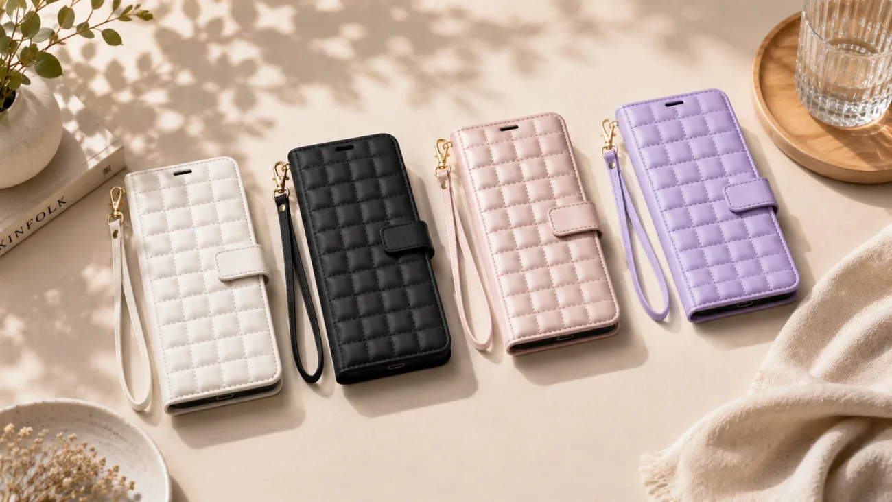 Five quilted wallet-style phone cases with attached straps, in white, black, pale pink, pink, and lavender, arranged on a light beige surface.