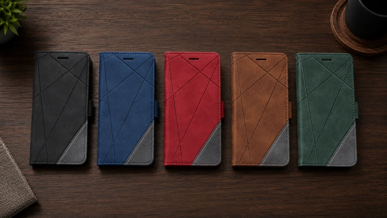 Flip Line Torbica za Samsung Galaxy S26 Ultra | Poceni-Ovitki.si Five leather wallet-style phone cases in black, navy, red, brown, and green laid on a dark wooden table.