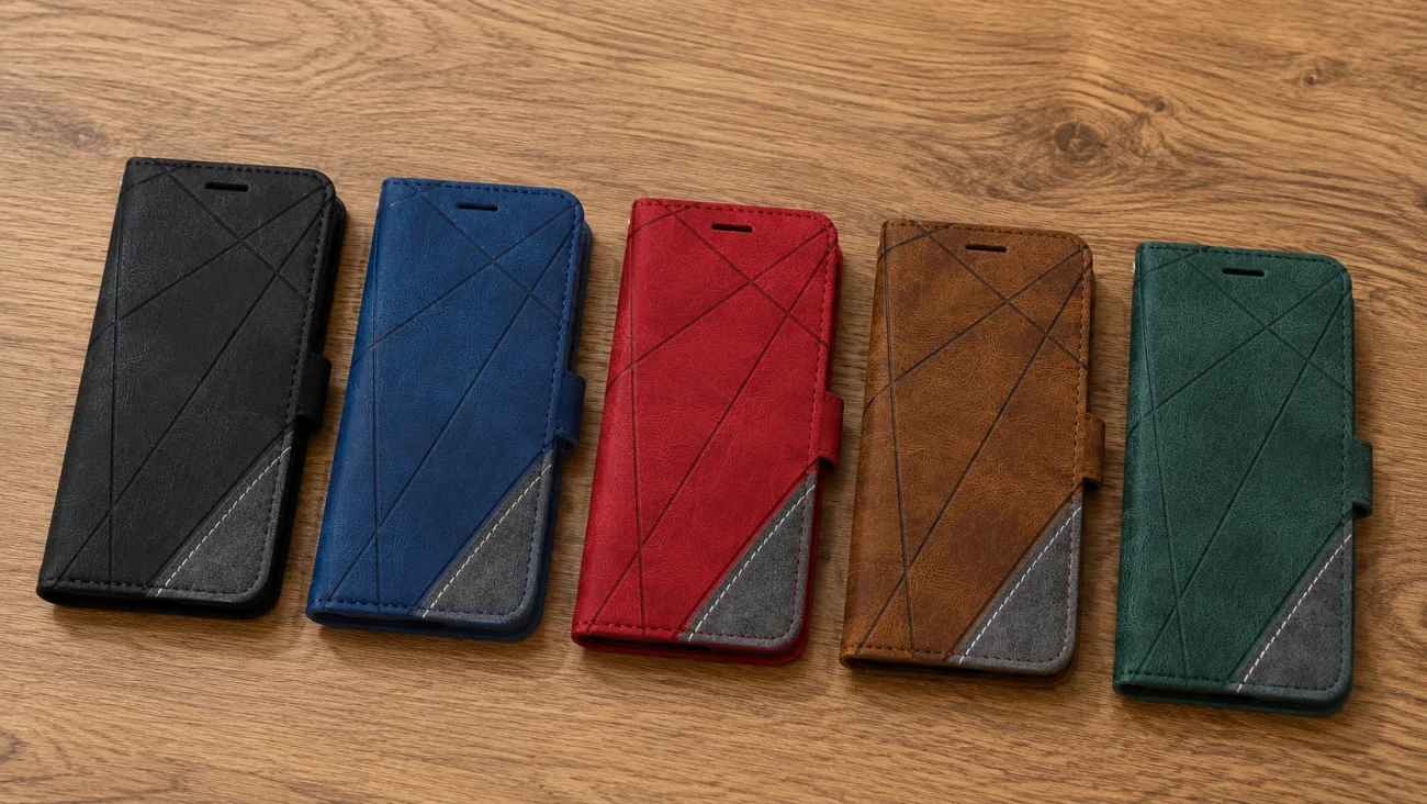 Five leather-style phone cases in black, blue, red, brown, and green with diagonal stitching, laid on a wooden surface