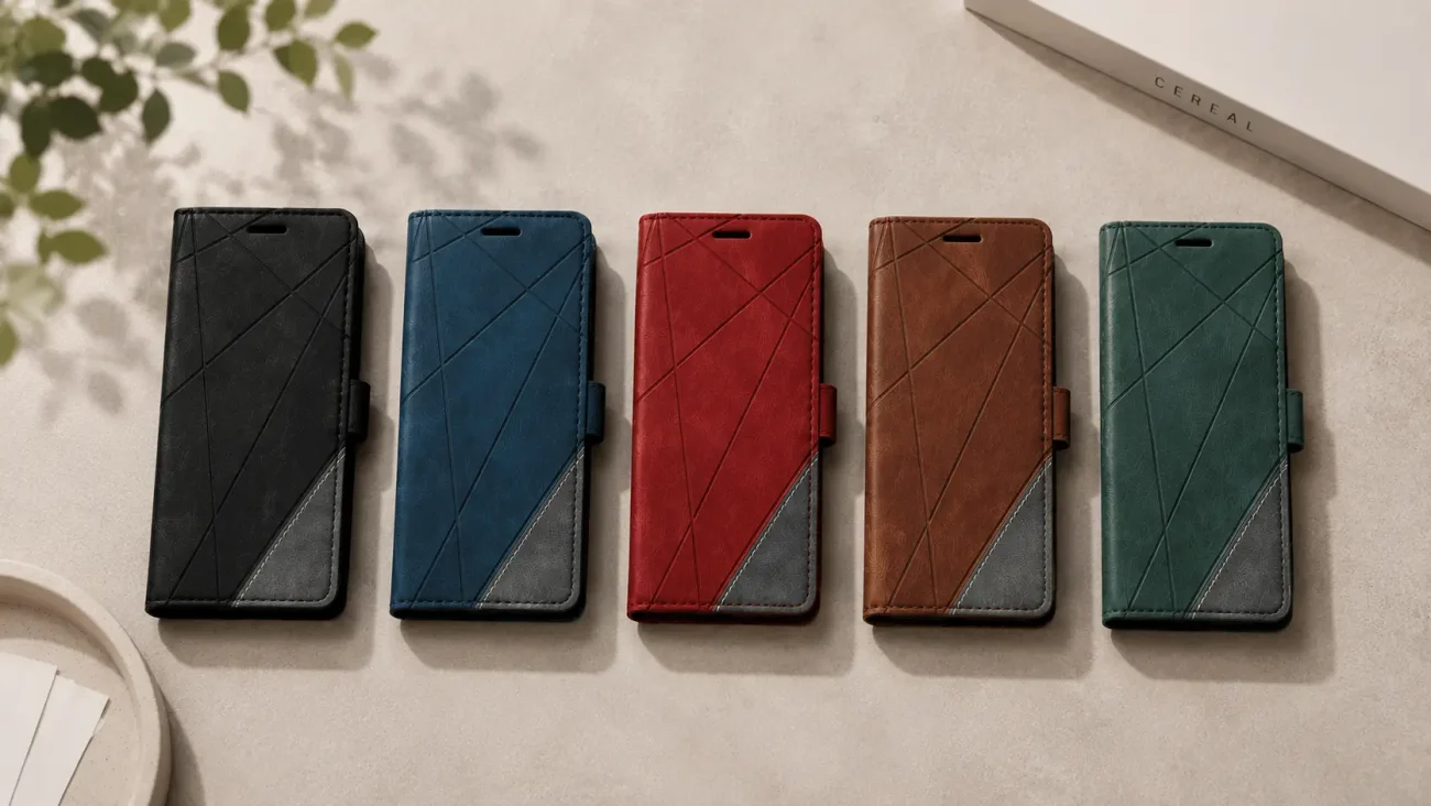Flip Line torbice za Honor Magic 8 Lite | Poceni-Ovitki.si Five leather-style phone wallet cases in black, blue, red, brown, and green with diagonal stitching, lined up on a light countertop.