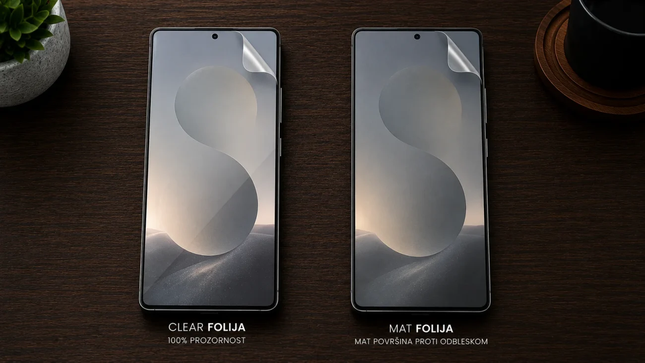 Folija za Samsung Galaxy S26 Ultra | Poceni-Ovitki.si Two smartphones with edge-to-edge displays on a dark wood surface, showcasing glossy screen protectors labeled 'CLEAR FOLIJA' on the left and 'MAT FOLIJA' on the right.