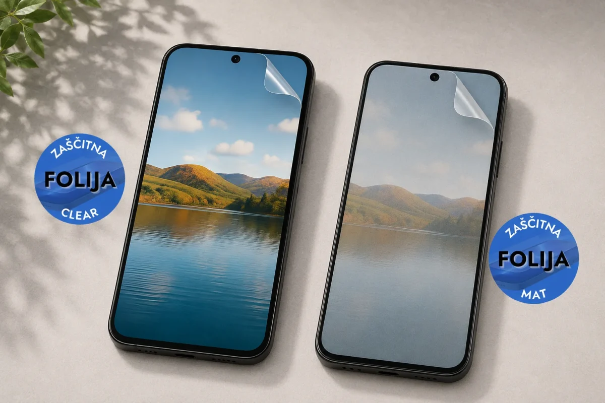 Two smartphones lie on a light surface, each showing a lake-and-hills wallpaper, with blue circular stickers reading 'ZÁŠITNA FOLIJA' (Clear on the left, Matte on the right).
