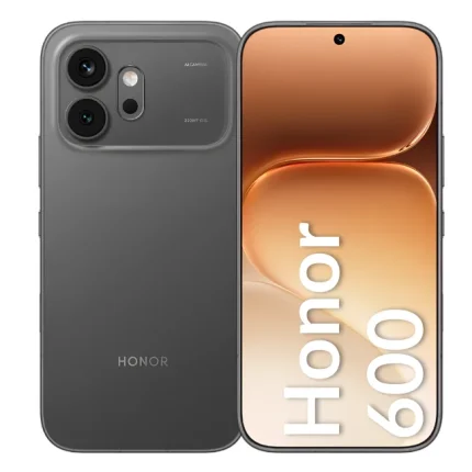 Front and back views of an Honor smartphone: gray back with a prominent triple-camera module and 'HONOR' branding; front shows an orange wallpaper with large vertical 'Honor 60' text.