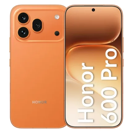 Orange Honor 60 Pro smartphone shown from front and back, highlighting the triple-camera setup and orange finish with a large 'Honor 60 Pro' label on the screen side.