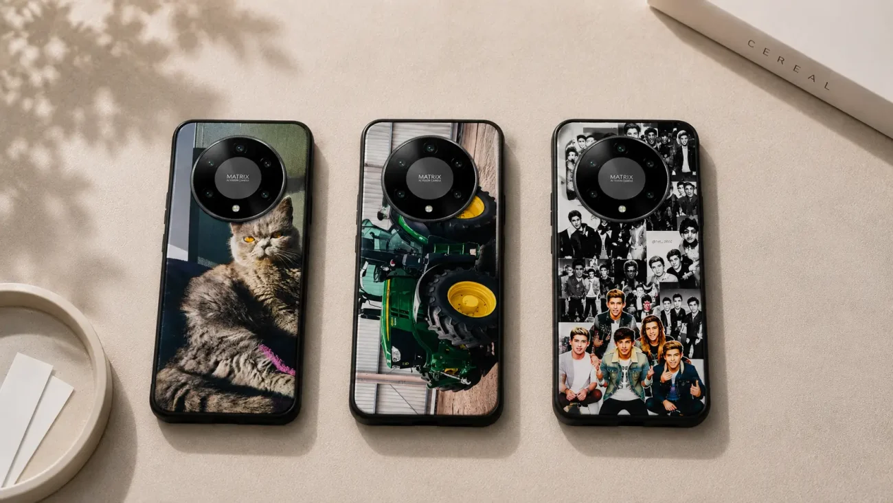 Ovitek po meri za Honor Magic 8 Lite | Poceni-Ovitki.si Three smartphones laid side by side, each with a custom back skin: a cat on the left, a green tractor in the middle, and a black‑and‑white celebrity collage on the right, all with circular MATRIX camera modules.
