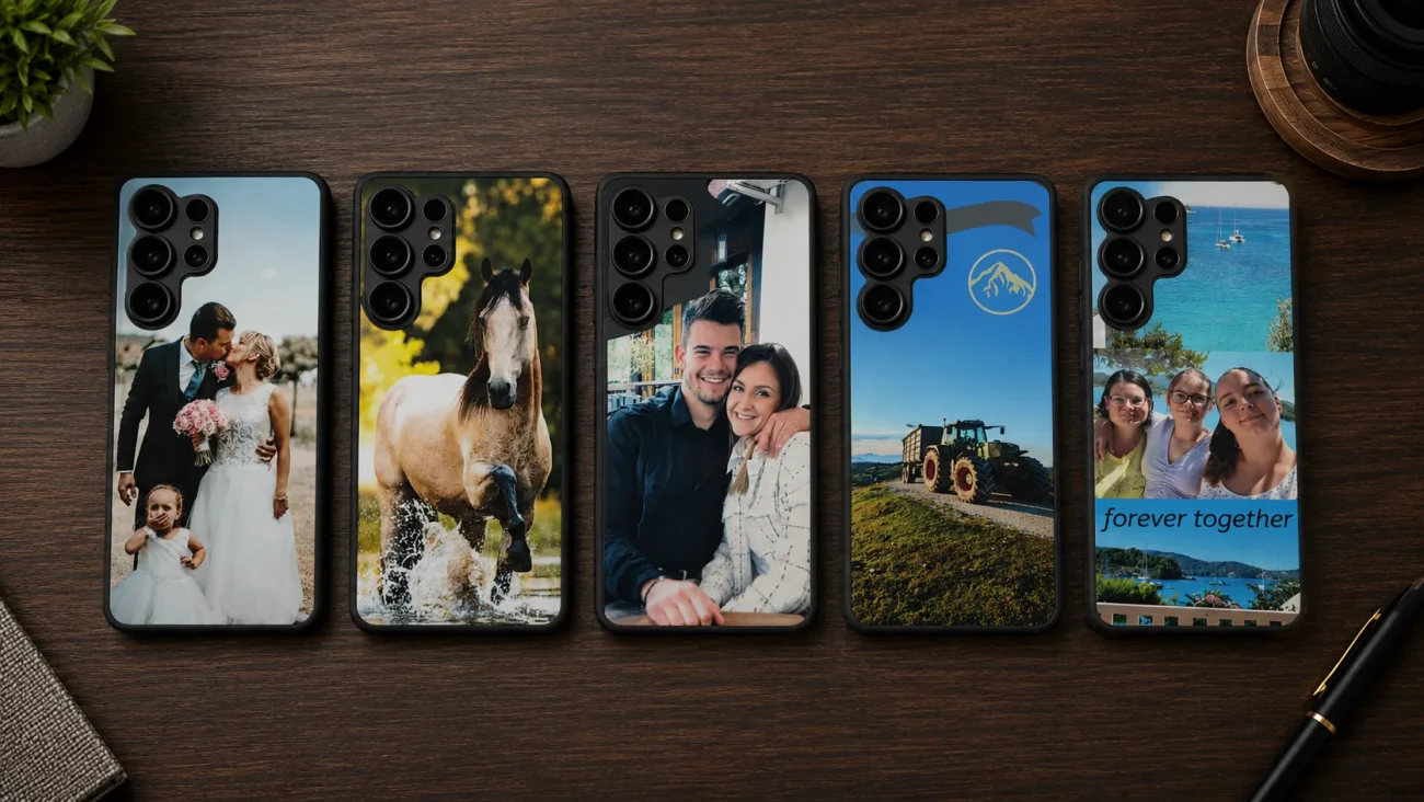 Ovitek po meri za Samsung Galaxy S26 Ultra | Poceni-Ovitki.si Five smartphones on a wooden desk each with a personalized photo on the back: wedding couple, horse, smiling couple, tractor scene, and a friends photo with 'forever together' text.