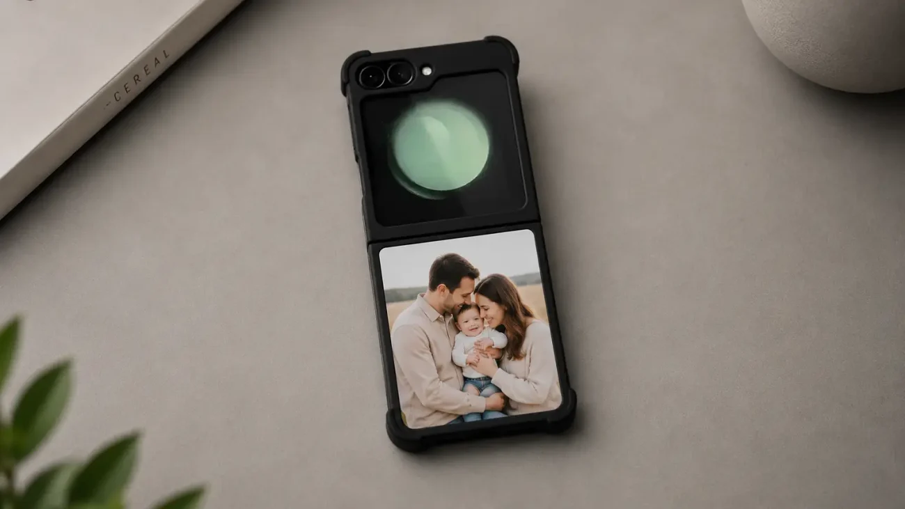 Black protective phone case with a circular moon design at the top and a family photo (parents with baby) on the bottom panel, displayed on a neutral surface.