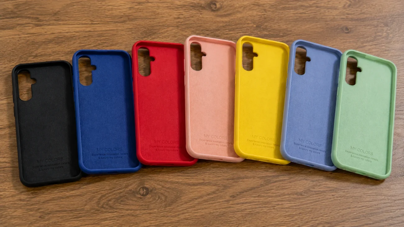 Row of colorful iPhone cases in black, blue, red, pink, yellow, light blue, and green laid on a wooden surface.