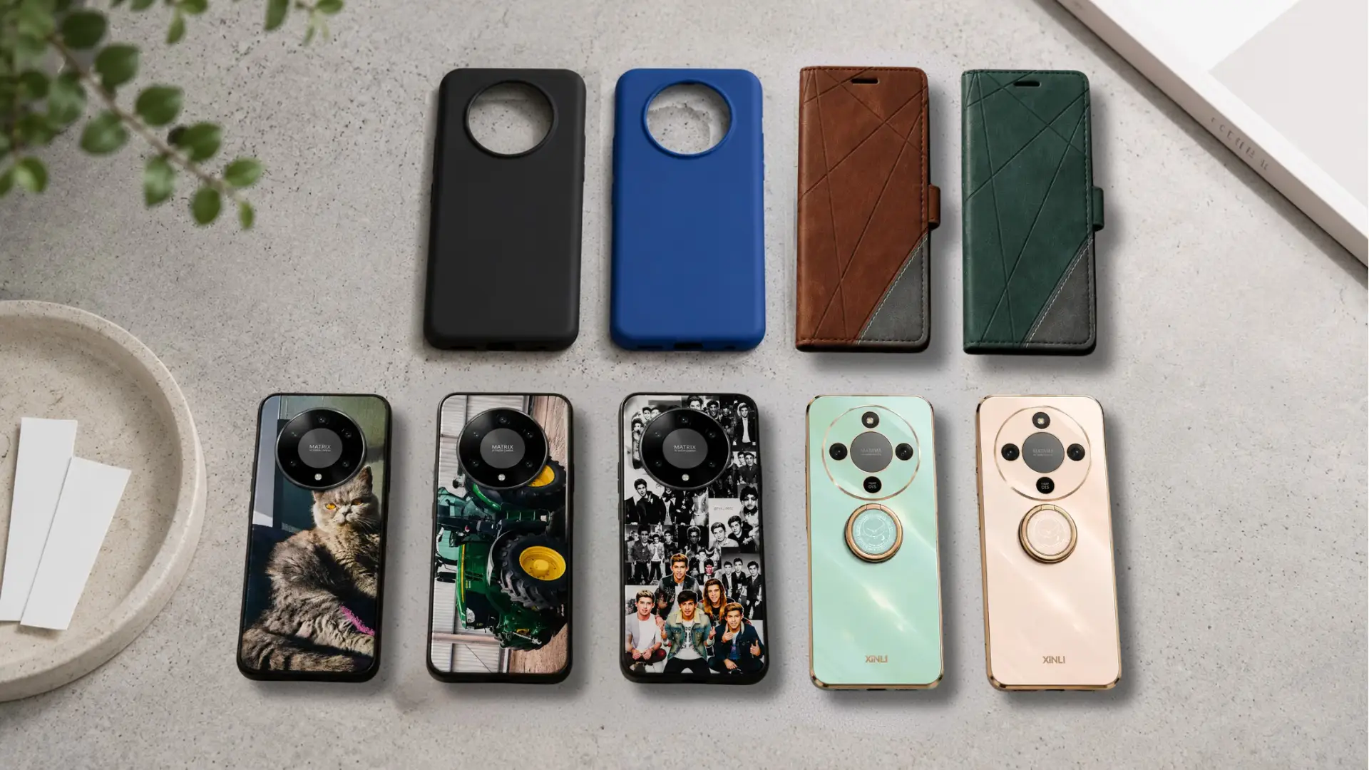 Ovitki za Honor Magic 8 Lite | Poceni-Ovitki.si Row of phone cases in black, blue, brown, and green on a gray surface with matching phones below each case.