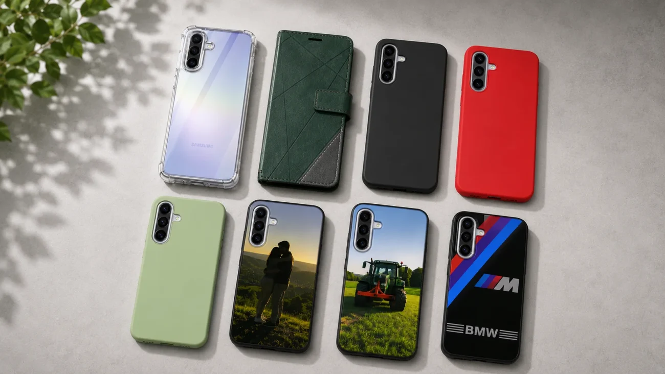 Eight smartphones in different colored cases laid out on a light surface, some showing photos on their screens.