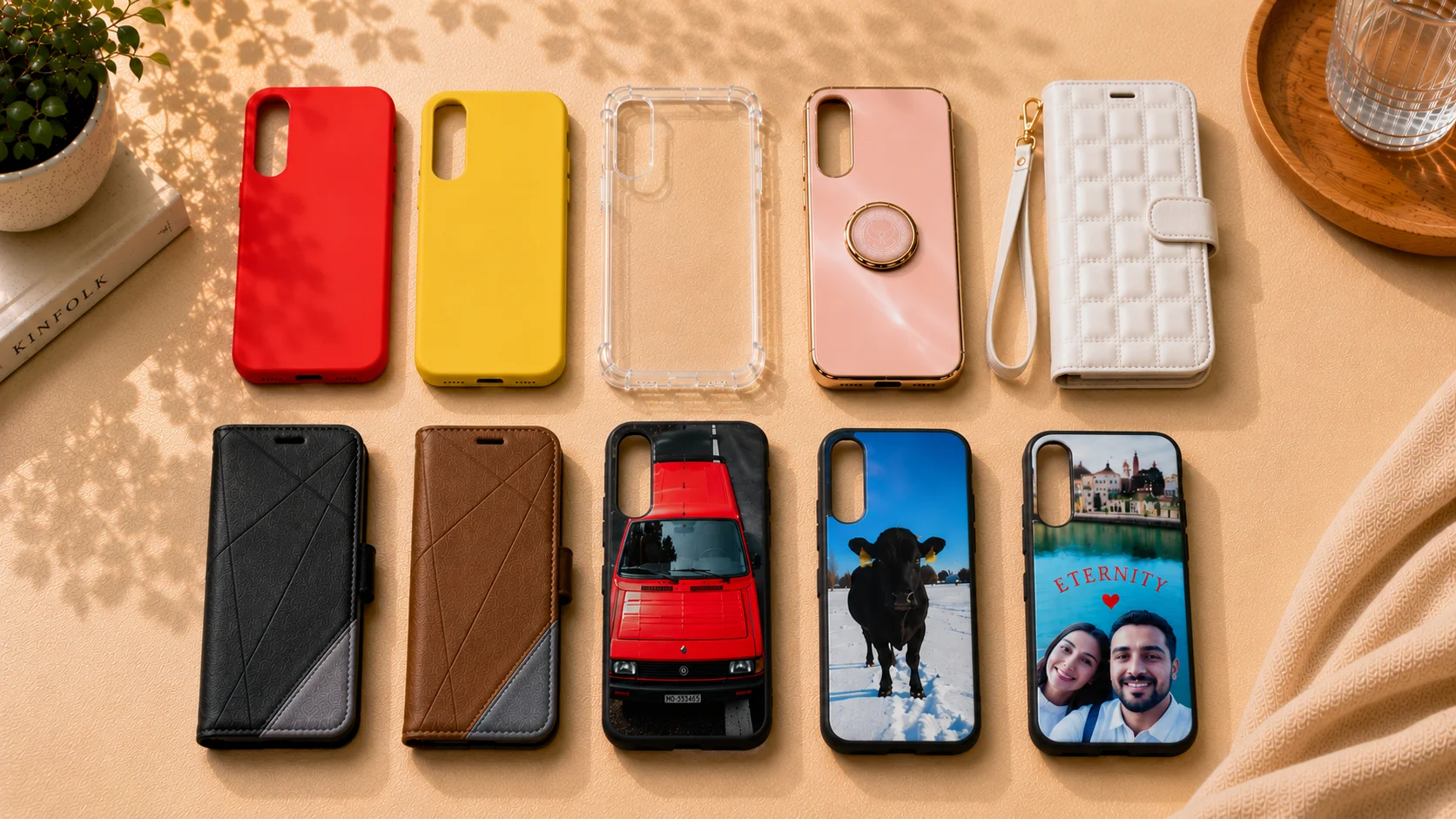 Row of colorful phone cases on a tan surface in two rows; red, yellow, clear, pink, white, black and brown cases visible.