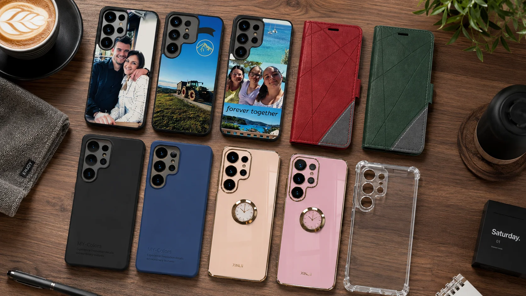 Ovitki za Samsung Galaxy S26 Ultra | Poceni-Ovitki.si Top-down view of multiple smartphones with protective cases arranged on a wooden desk, next to a coffee cup and plant.