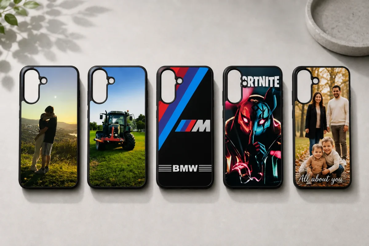Five smartphone cases lined up: a couple embracing at sunset, a tractor in a field, a BMW M design with stripes, a Fortnite-themed artwork, and a family portrait with 'All about you' text.