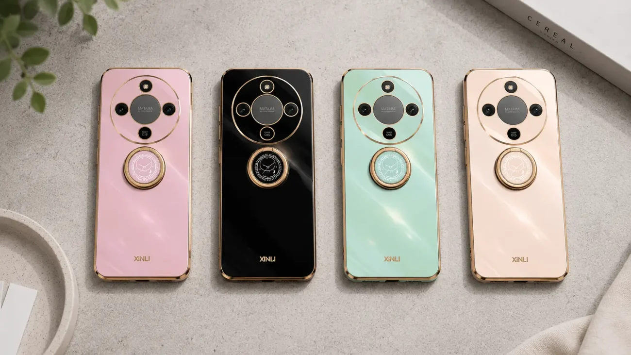 Platinum Ring ovitek za Honor Magic8 Lite | Poceni-Ovitki.si Four XINLI smartphones in pink, black, mint, and rose gold lie in a row on a light surface, showing round camera modules.