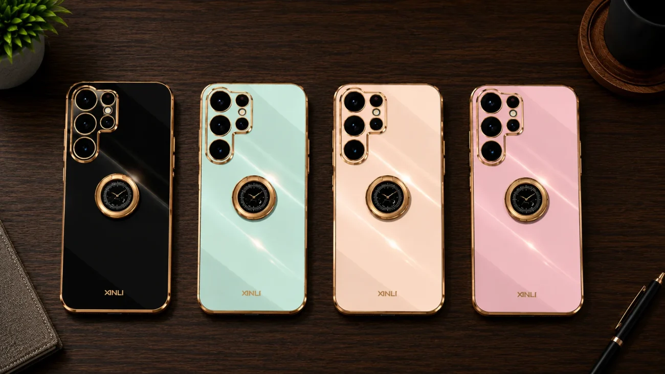 Platinum Ring ovitek za Samsung Galaxy S26 Ultra | Poceni-Ovitki.si Row of four Xinli smartphones on a dark wood desk, in black, mint, champagne, and pink, each with a gold bezel and a circular gold dial on the back.