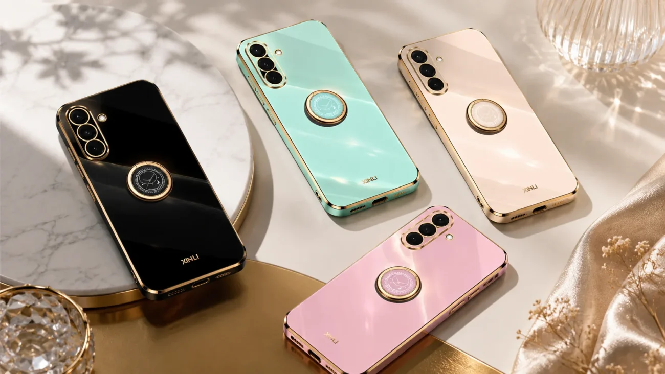 Four glossy smartphones in black, mint, pink, and champagne with gold rings on the backs, arranged on a marble and gold surface.
