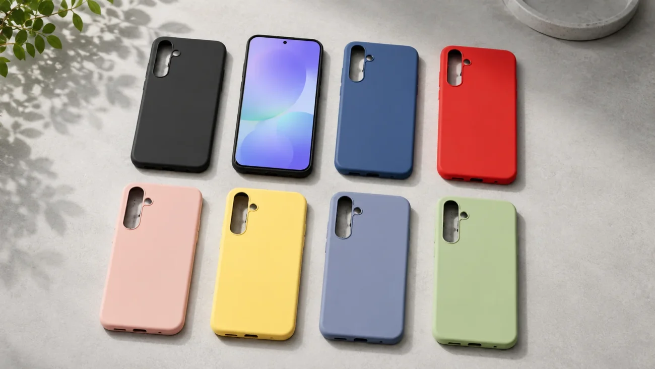 Eight colorful phone cases laid out on a light-gray surface: black, purple, blue, red, pink, yellow, lavender, and green.