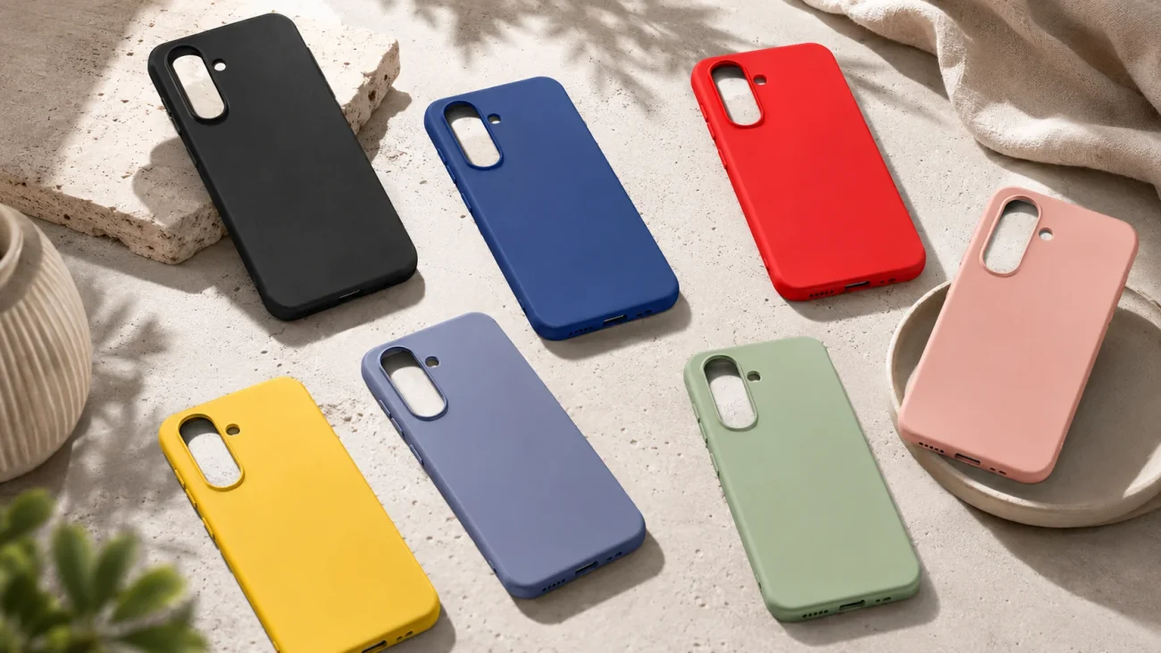 Several smartphone cases in different colors (black, blue, red, pink, yellow, lavender, green, and beige) are arranged on a light stone surface, showing their camera cutouts and button openings.