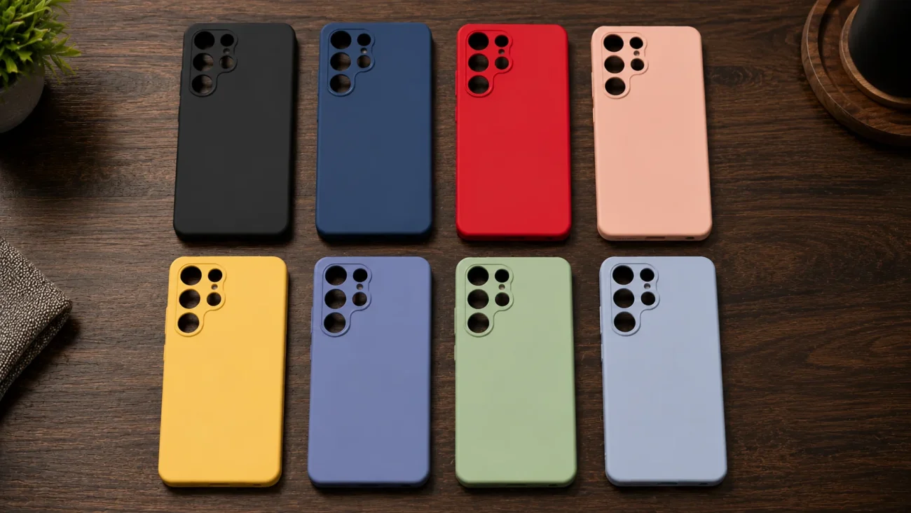 PremiumMAT ovitki za Samsung Galaxy S26 Ultra | Poceni-Ovitki.si Eight colorful smartphone cases laid out on a dark wood table in two rows: black, navy, red, peach, yellow, purple, green, and light blue, each with quad-camera cutouts in the corner.