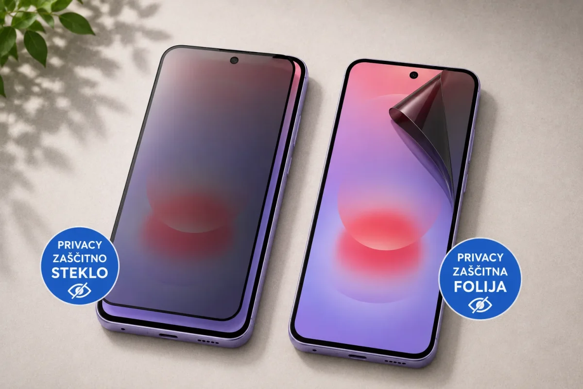 Two purple smartphones on a beige surface with blue circular stickers that read 'Privacy Zaščitno Steklo' and 'Privacy Zaščitna Folija' indicating privacy screen protectors.